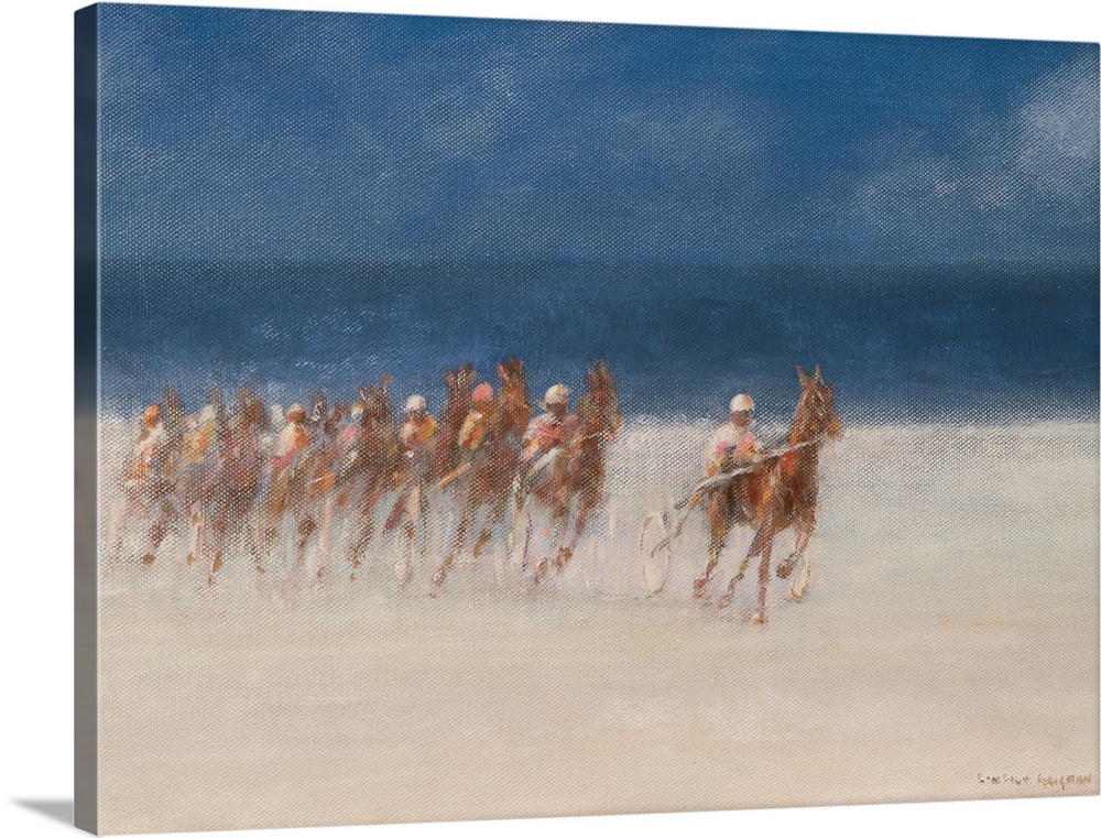 Contemporary painting of a horserace on the beach in Brittany, France.