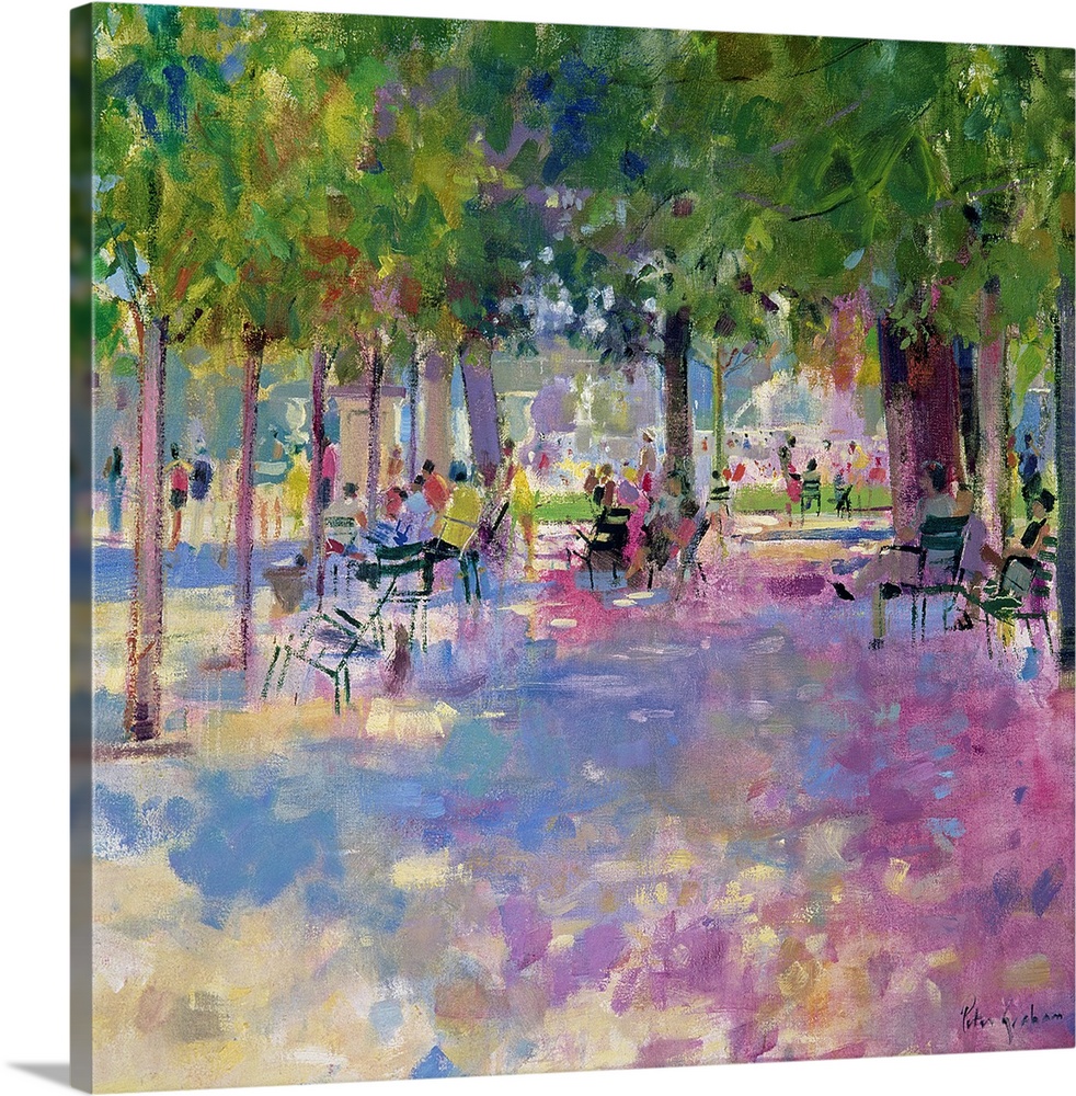 Contemporary painting of park on a sunny day.   There is a wide path lined with huge trees and chairs.  There is a grass m...