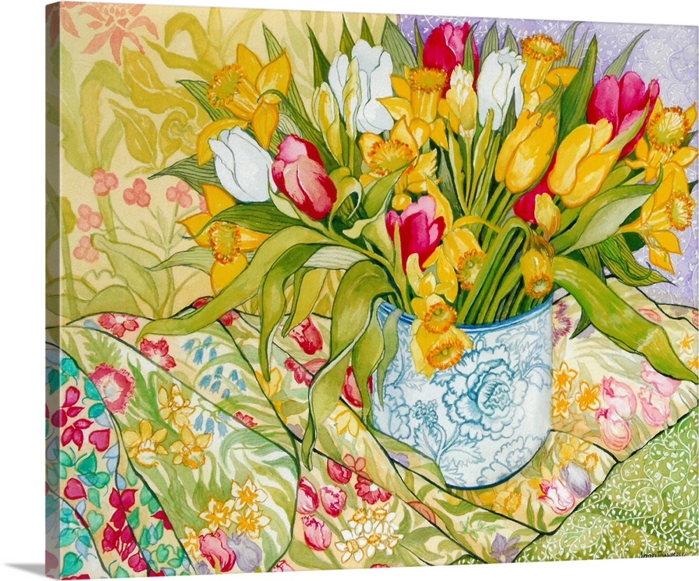 Tulips and Daffodils with Patterned Textiles, 2000, originally water colour.