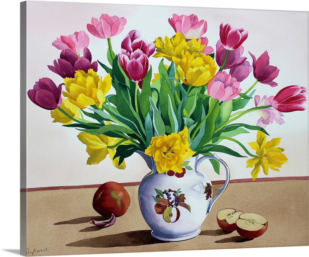 Tulips in Jug with Apples, watercolour on paper.