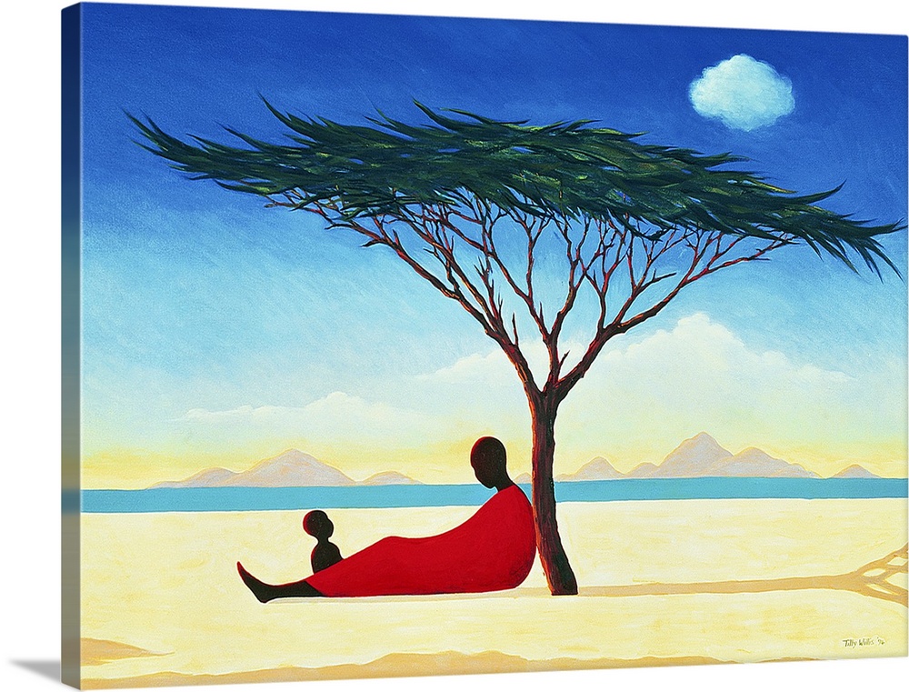 A contemporary art piece of a woman sitting under a tree with her child as water and mountains can be seen in the distance.