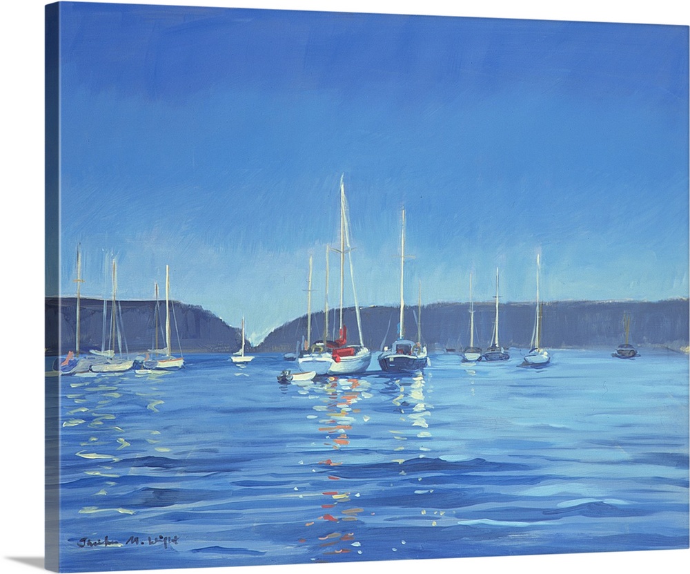 Contemporary painting of sailboats in an inlet at twilight.