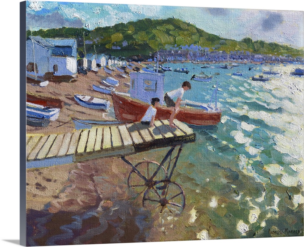 Two Boys on the Landing Stage, Teignmouth, 2015-16, oil on canvas.  By Andrew Macara.