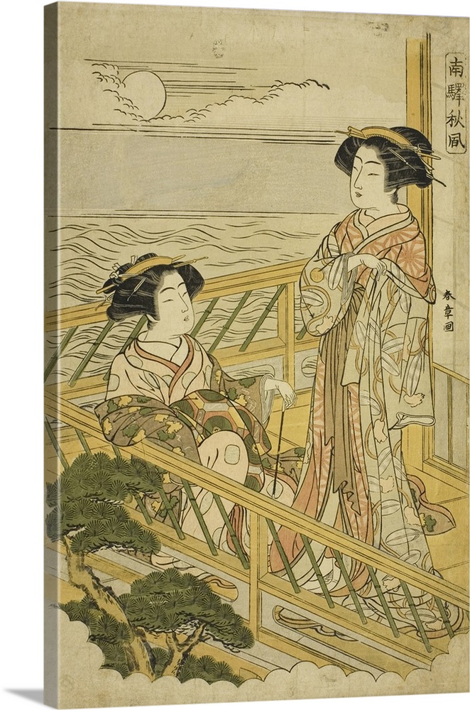 Two Courtesans on a Moonlit Balcony at a House of Pleasure in Shinagawa, from the series Nan'eki Shufu, c.1774, colour woo...
