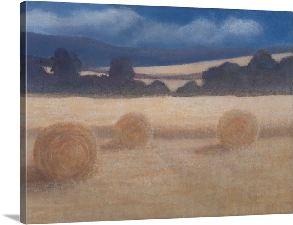 Contemporary painting of a field in the summer with two rolled up bales of hay.