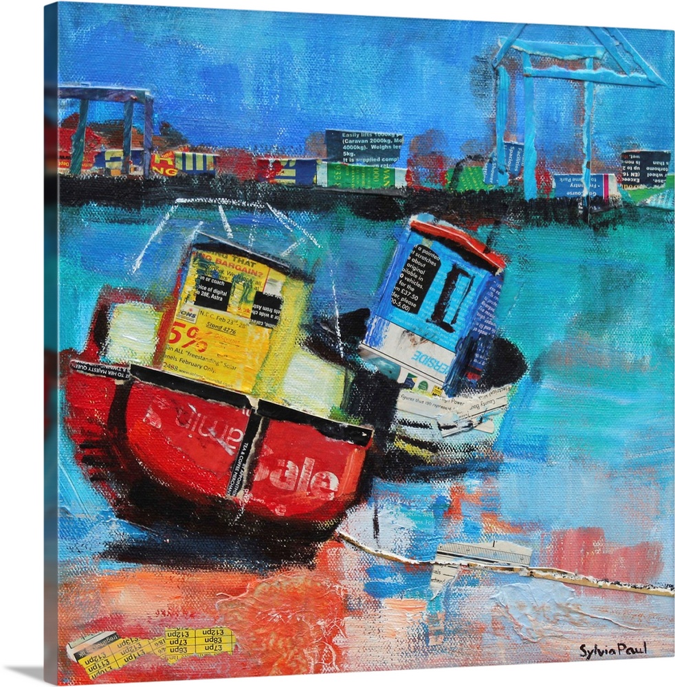 Contemporary painting of fishing boats moored on the shoreline of a harbor town.
