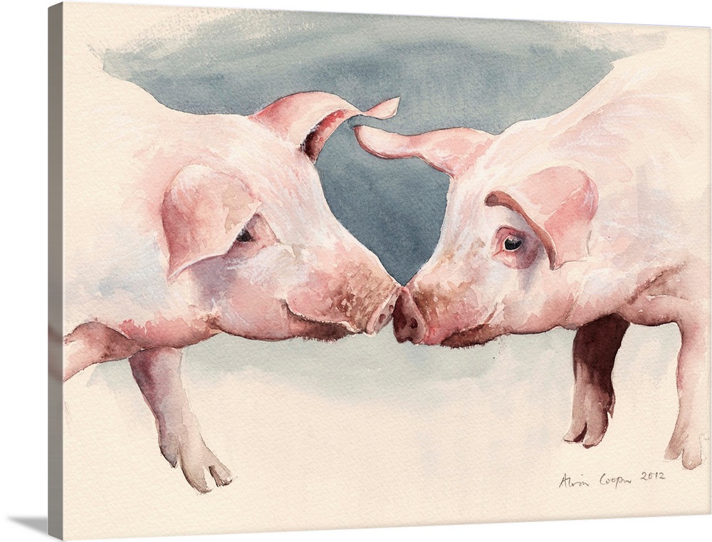 Contemporary painting of two pigs touching snouts.