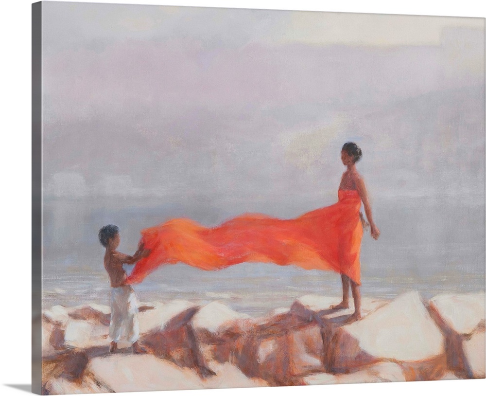 Contemporary painting of a child helping his mother tie her sari.