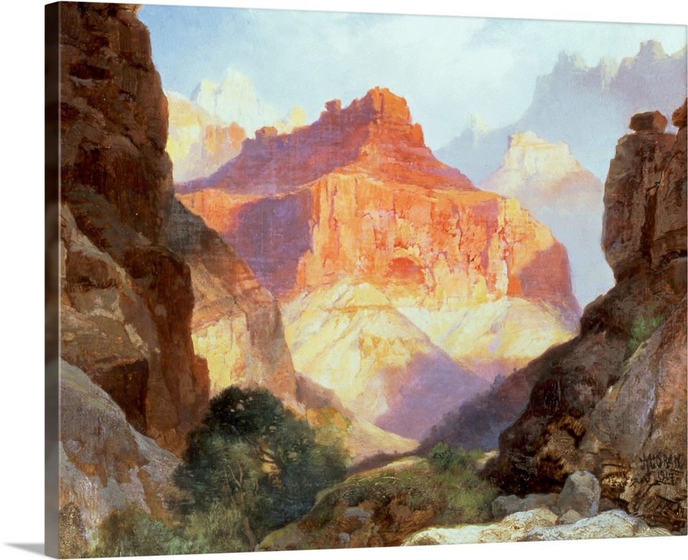 Big, horizontal painting of the Red Wall in the sunlight, surrounded by the large rocky formations of the Grand Canyon in ...