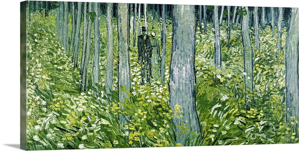 1890 Vincent Van Gogh painting of a man and a woman in a forest of trees and greenery.