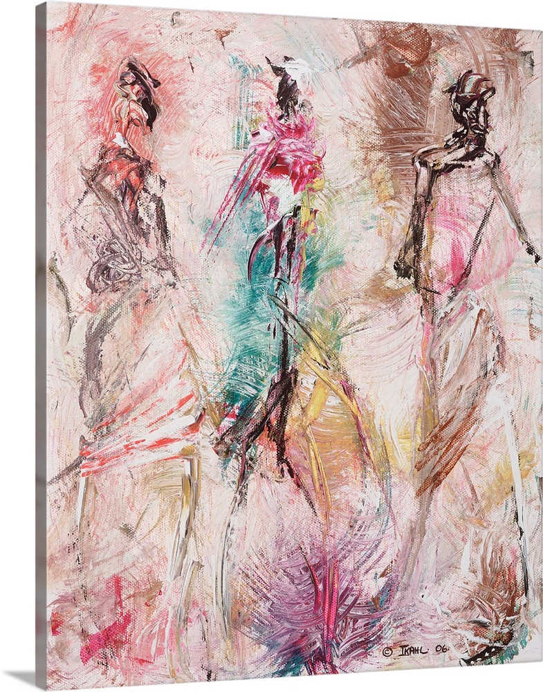 A vertical painting of gestural figures made with fast and simple brush strokes.