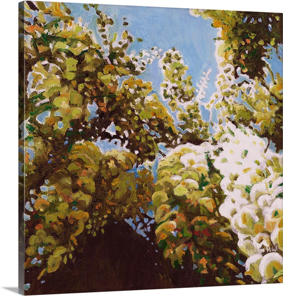 Contemporary painting of white flowers among green leaves.