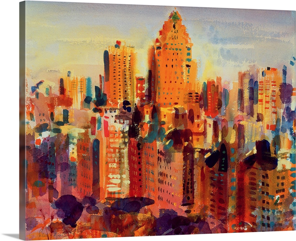 Big contemporary art portrays an aerial view of the tall skyscrapers and buildings that fill New York City through the use...