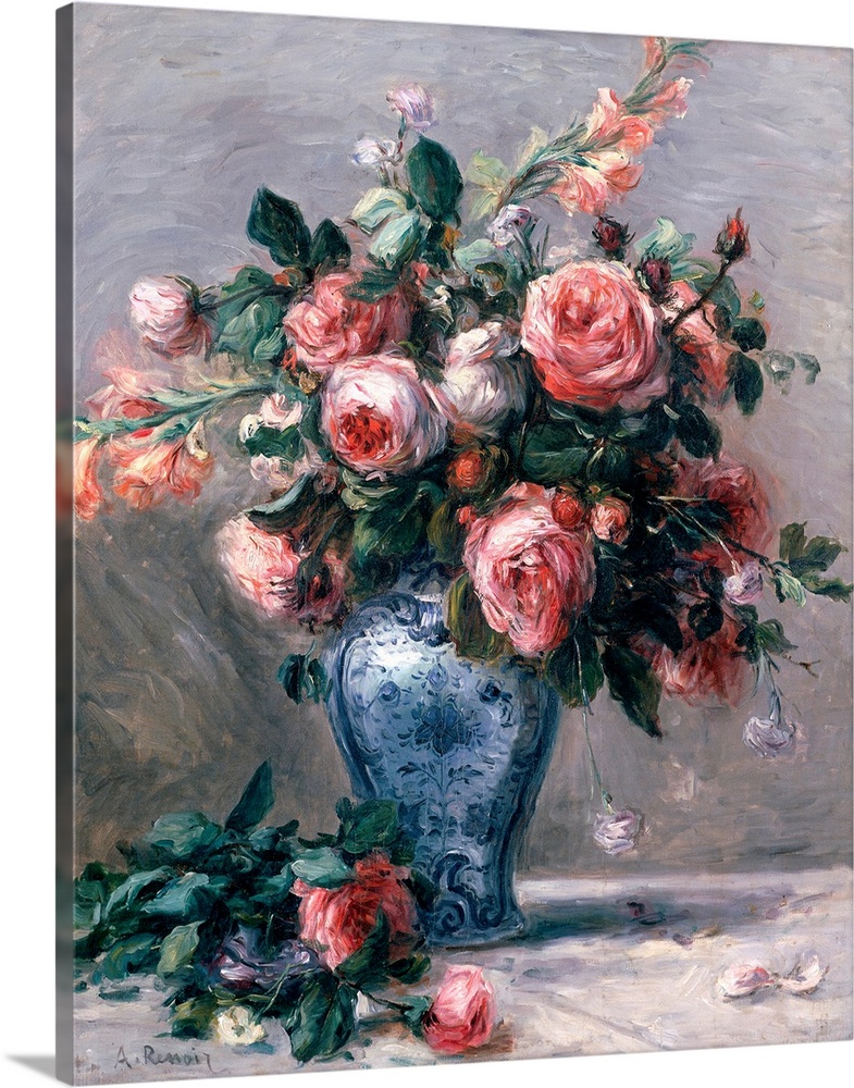 Big classic art depicts an arrangement of flowers within a decorated container sitting on the ground with a few flowers ne...
