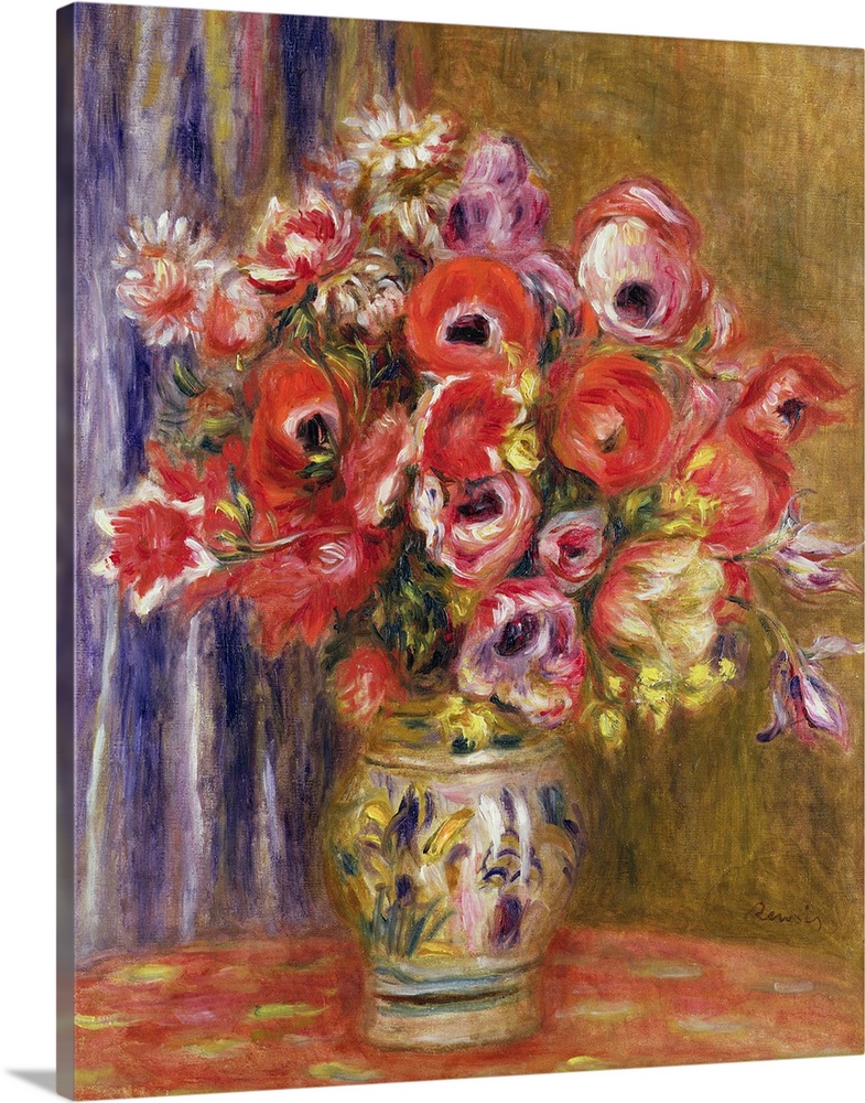 Big painting on canvas of large flowers in a vase on a table.