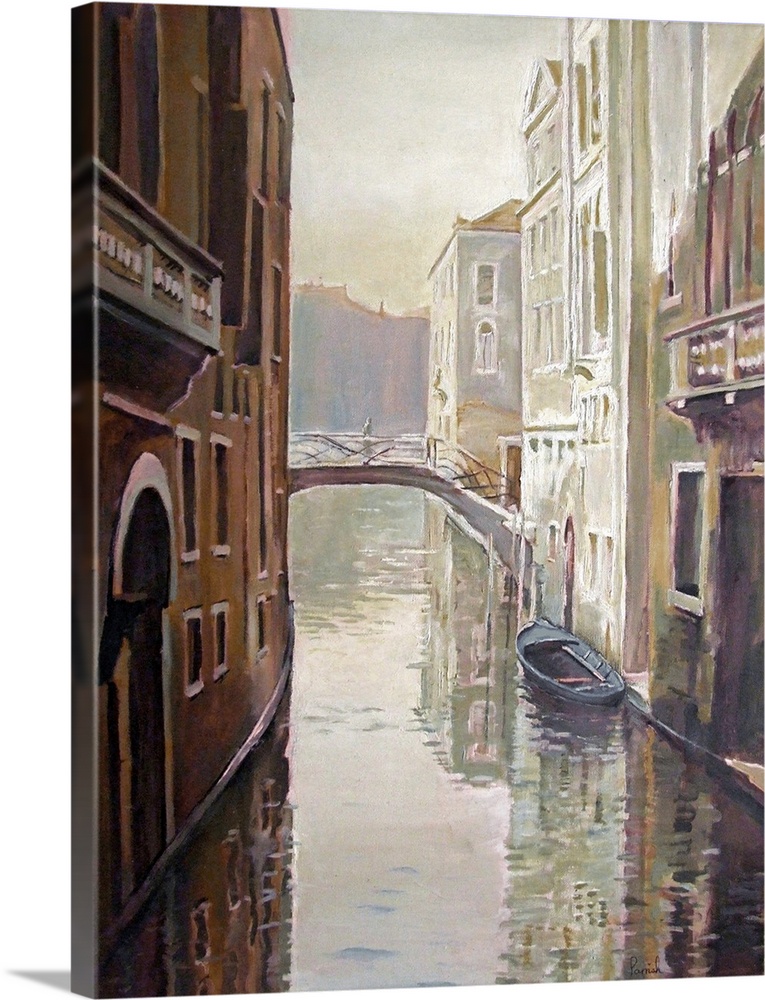 This decorative wall art is a contemporary vertical painting of a canal and the historic buildings that line it.