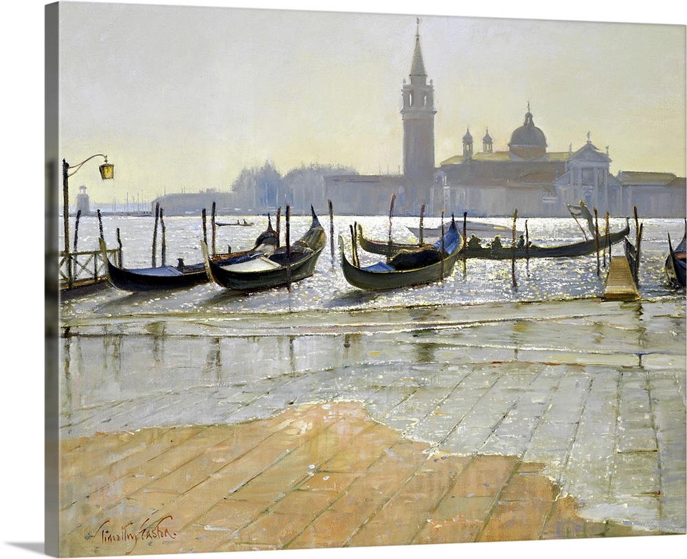 Horizontal painting on a big wall hanging of gondola boats lined up where brick ground meets the waters edge, as the sun r...