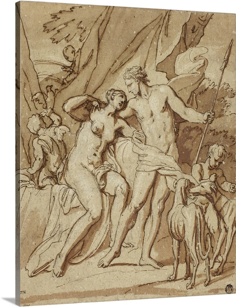 Venus and Adonis, pen and brown ink, with brush and brown wash and black chalk, heightened with touches of white chalk, on...