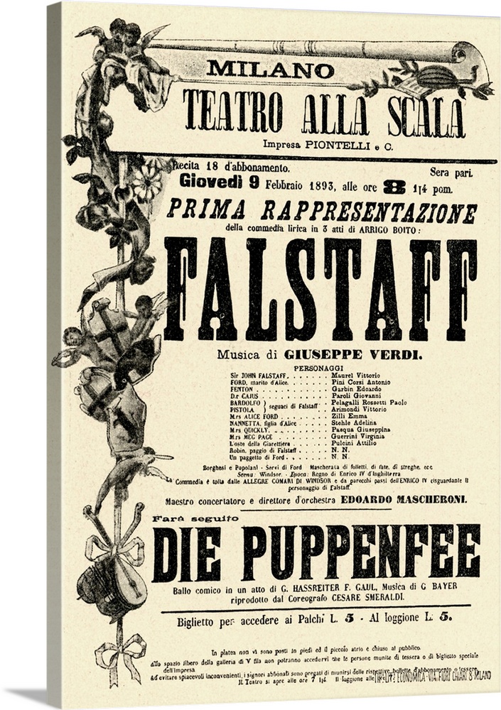 VERDI, G Falstaff- announcement of first performance of Falstaff 9th February, 1893. Italian composer (1813-1901). Based o...