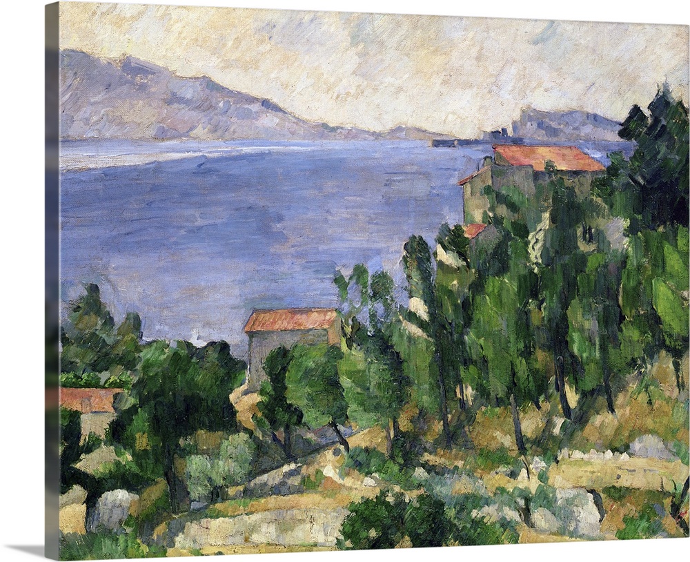 This wall art is a classic painting of a Mediterranean landscape of a sea lined with mountains and a hillside covered in t...