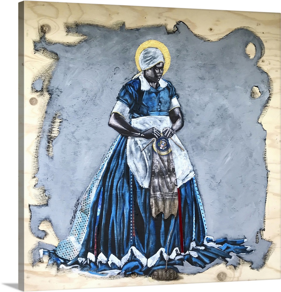 Visionary knitter, 2018. (Originally mixed media on wood.) Woman/history/presidential/uplifting.