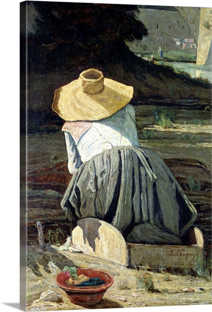 XIR83574 Washerwoman by the River, 1860 (oil on canvas); by Guigou, Paul Camille (1834-71); Musee d'Orsay, Paris, France; ...