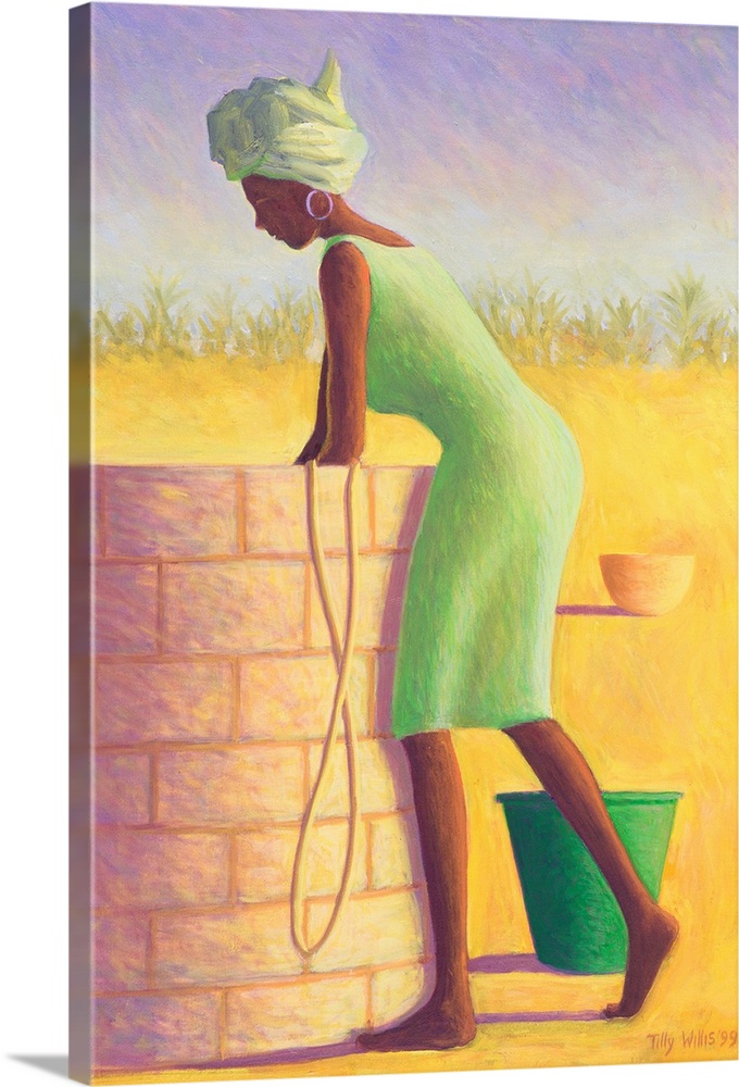 Contemporary painting of a woman fetching water from a stone well.