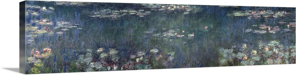 This panoramic wall art of an Impressionist painting shows the surface of a pond and all the plants and flowers growing on...