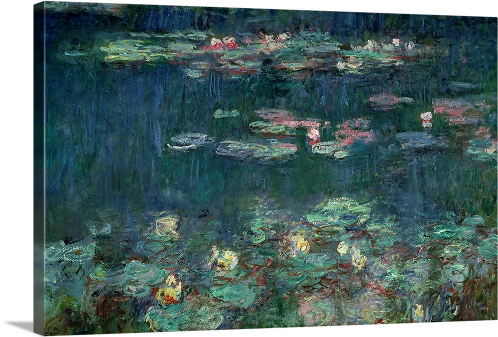 Part of a triptych this Impressionist painting shows plants floating on the surface of a garden pond.