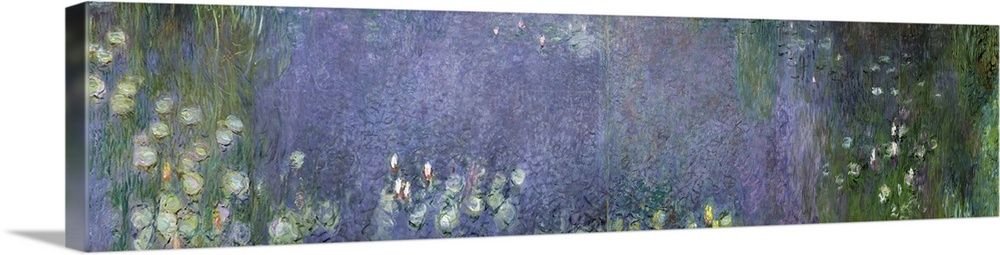 Classic painting lake covered with flowers and surrounded by tall grass in muted subdued colors.