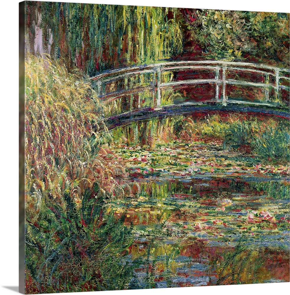 Landscape painting of a bridge over a garden pond filled with water and marsh plants.