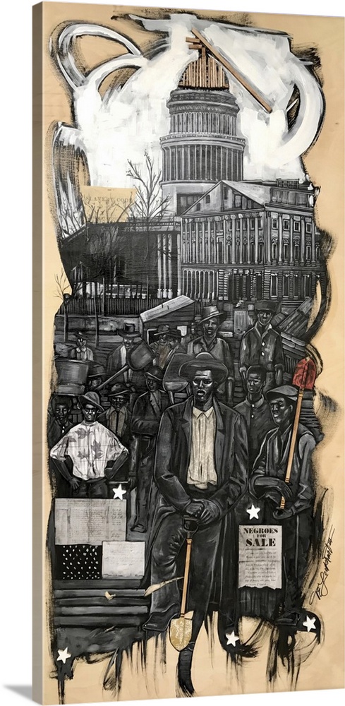 We built this!, 2022. (Originally mixed media on wood.) An image showing black men and women building the capital in Washi...