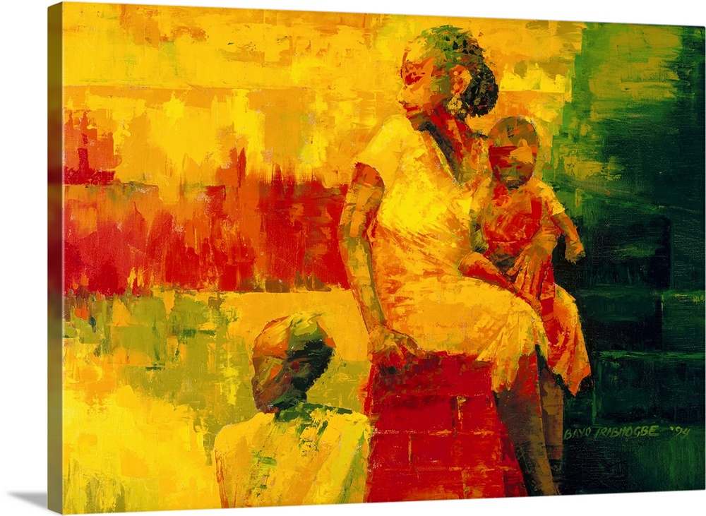 Contemporary African American artwork created with abstract paint application of a woman and two children sitting on a wal...