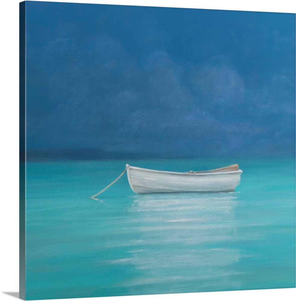 Contemporary painting of a small boat in turquoise water off the Kenyan coast.