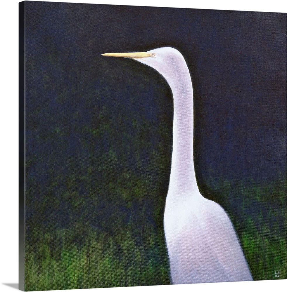 Contemporary painting of a white egret bird with a long neck.