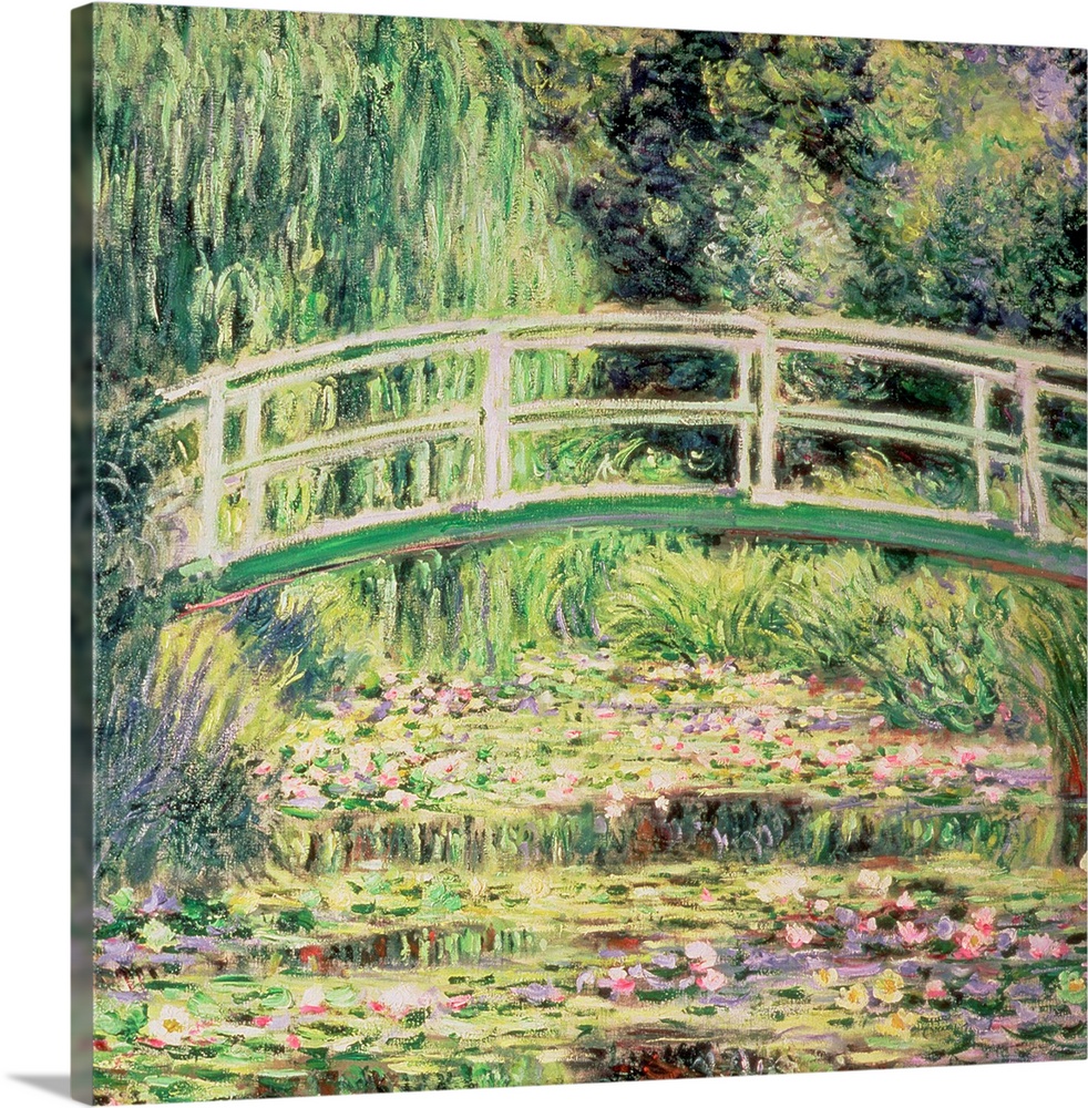 This classic artwork is a painting of a small walking bridge over water that is covered with lily pads and surrounded by t...