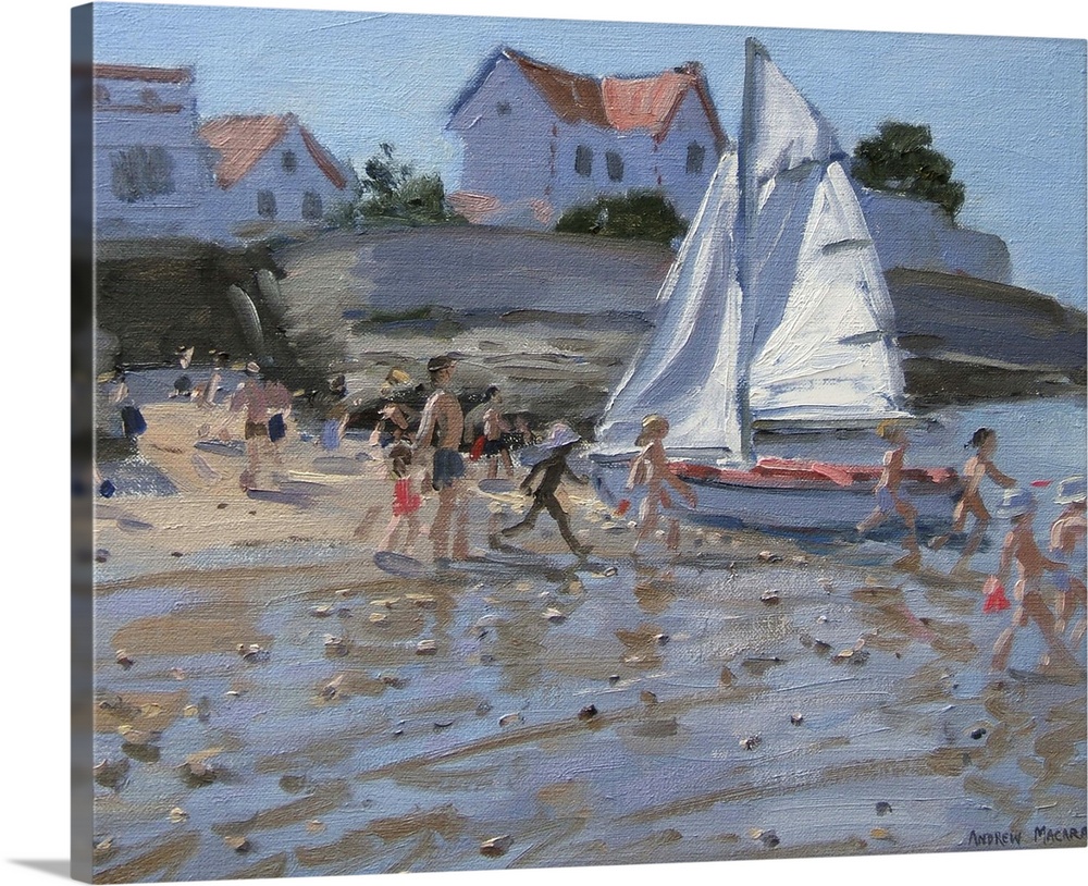 Contemporary painting of a crowd on the beach with a small sail boat sitting on the edge of the water as children walk int...
