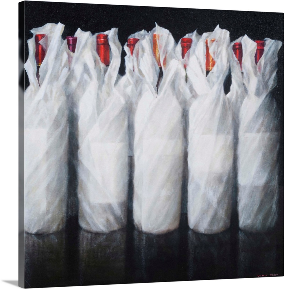 Contemporary painting of a row of wrapped bottles of wine.