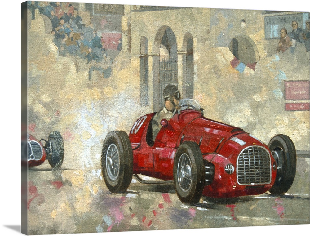 Large artwork of a man driving by groups of people in a red race car with confetti falling from the crowd.