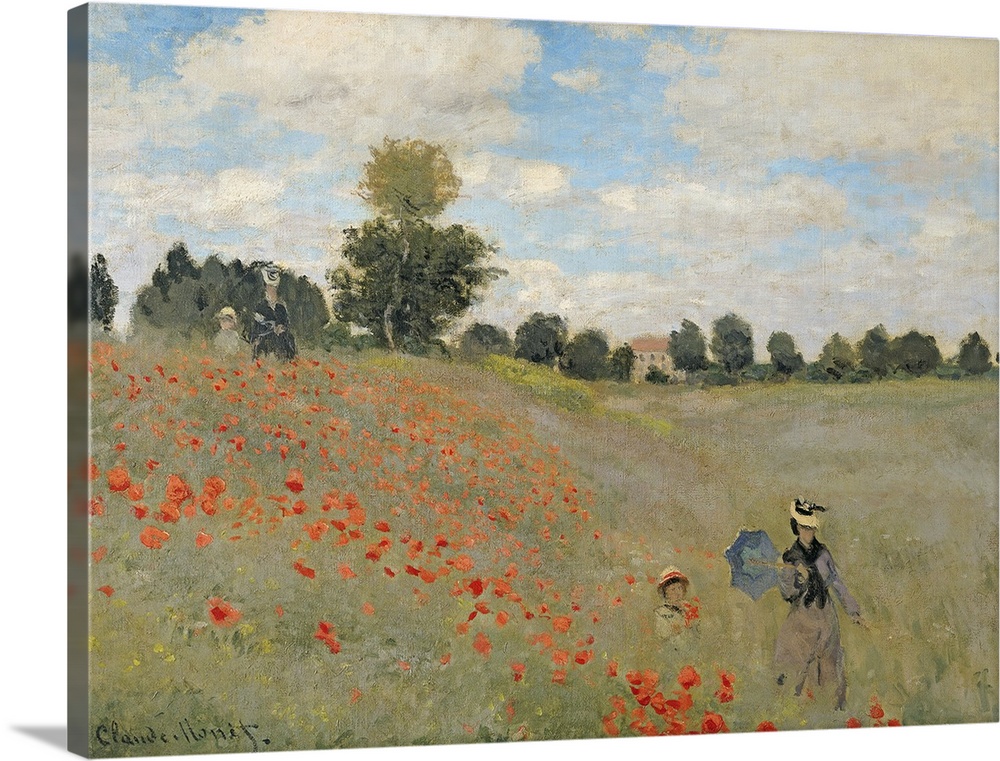 Painting of a mother a child walking through a flower meadow under a cloudy sky.