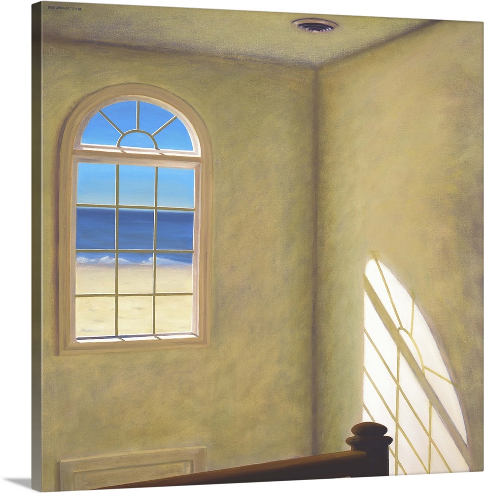 Contemporary painting of the beach seen through a window.