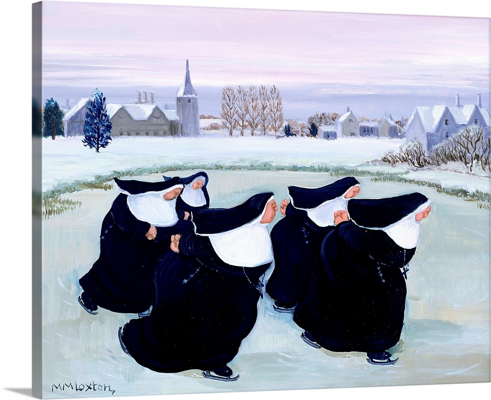 Contemporary painting of nuns ice skating in the winter.