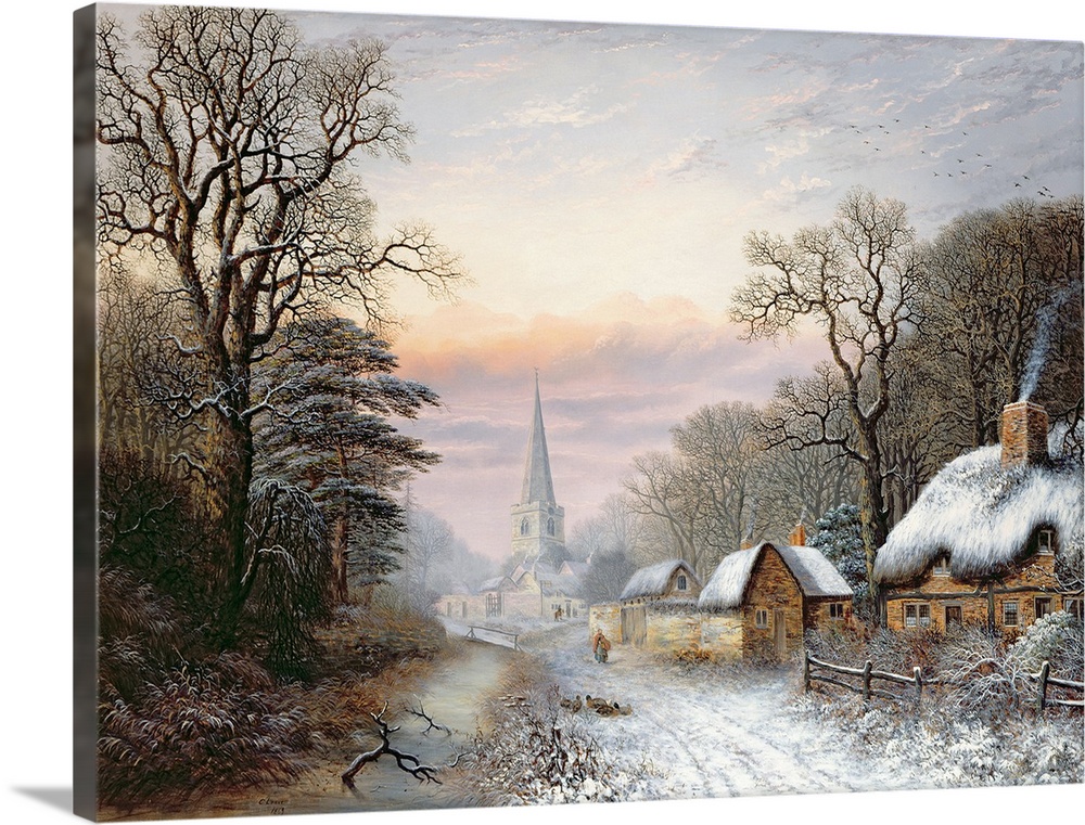 Horizontal, large painting of a winter landscape, a row of small houses runs alongside a snowy road that leads to a church...