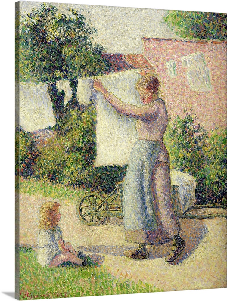 XIR15985 Woman Hanging up the Washing, 1887 (oil on canvas)  by Pissarro, Camille (1831-1903); 41x32.5 cm; Musee d'Orsay, ...
