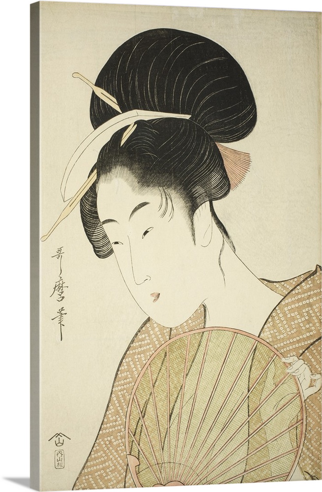 Woman Holding a Round Fan, c.1797, colour woodblock print.