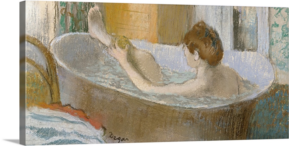 Panoramic classic art focuses on a lady bathing herself in a large tub within her house.  Her clothes sit draped over a ch...