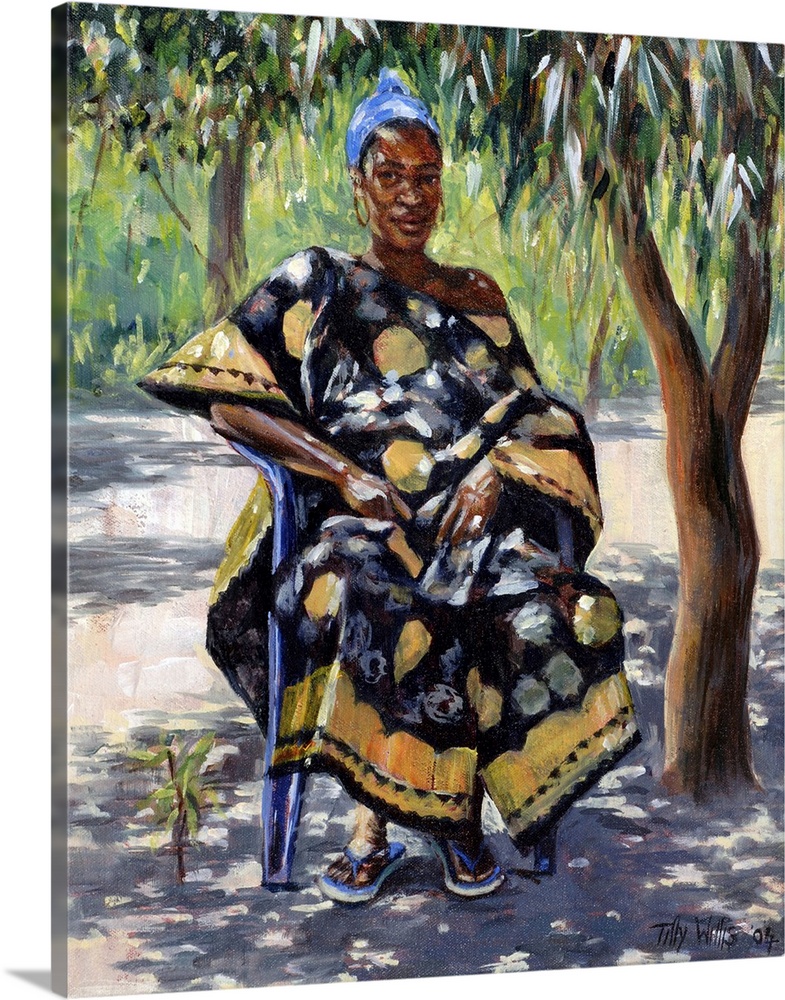 This contemporary artwork is of a woman wearing a colorful dress sitting beneath trees that shade her.