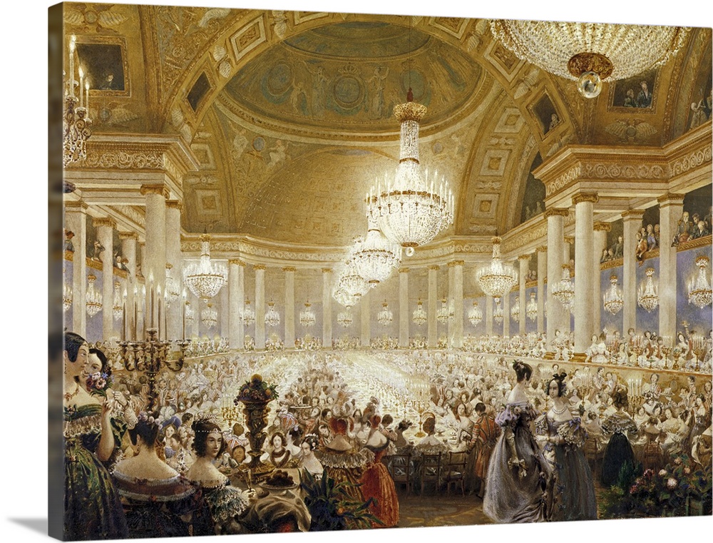 Horizontal classic artwork on a large canvas of many women in formal gowns, dining and conversing in the Tuileries.  Brigh...
