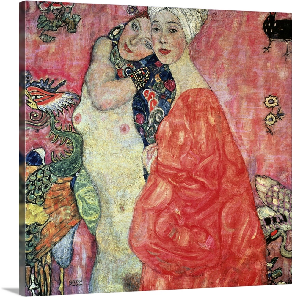 Antique oil on canvas painting showing two females embracing.  One girl is naked and the other is clothed.  There are peac...