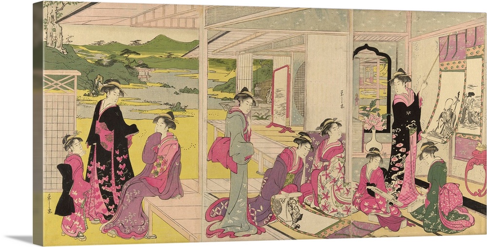 Women Viewing Scroll Paintings of the Gods of Good Fortune, colour woodblock print.